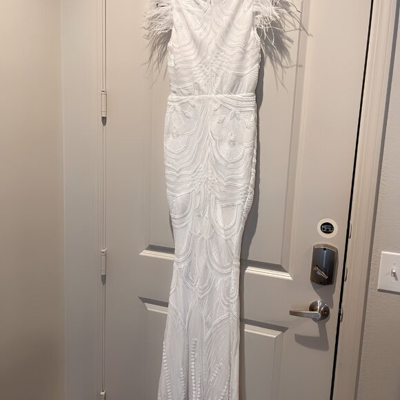 SALE NWT fashion nova white sequin prom dress with feather sleeves size S - Picture 3 of 4